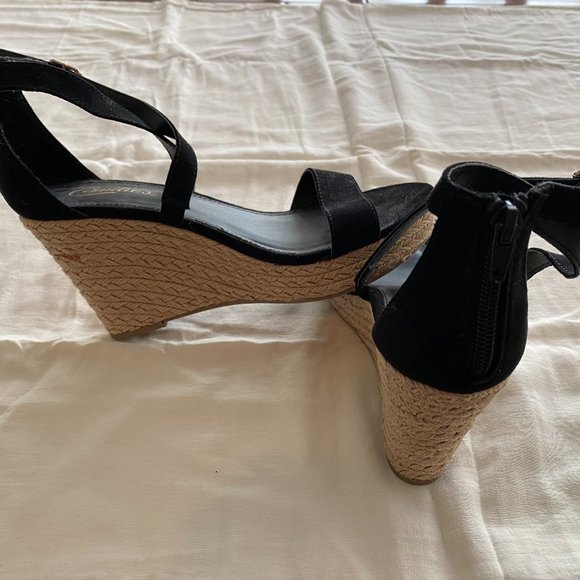 Candies Black Wedge Espadrille Heels Criss Cross with Gold Buckle - Picture 6 of 9